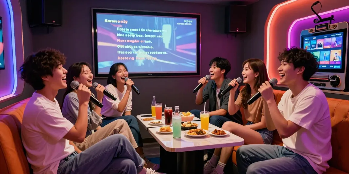 Karaoke party at 강남노래방 featuring friends singing joyfully with vibrant lights and snacks.