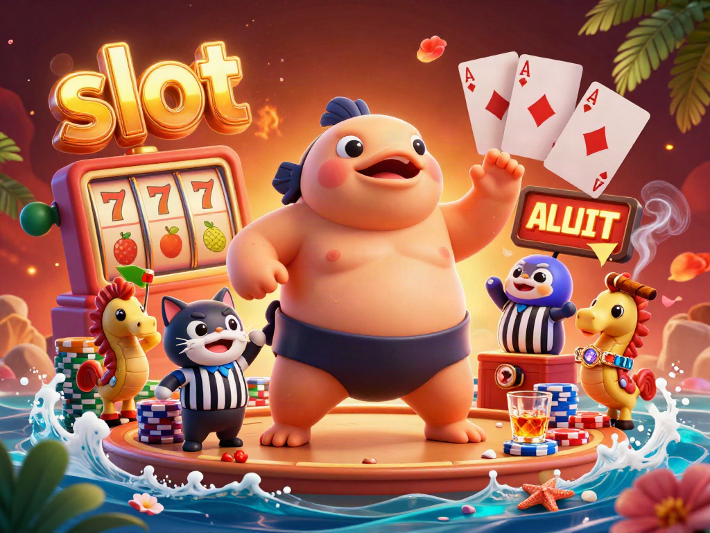 Engaging slot-themed casino scene with a fugu referee and slot reels, showcasing vibrant gambling elements