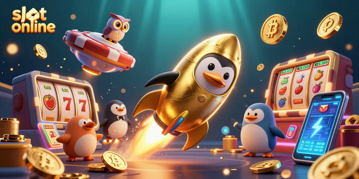 Slot online menghadirkan eksplorasi kasino dengan penguin emas roket yang meluncur di luar angkasa.