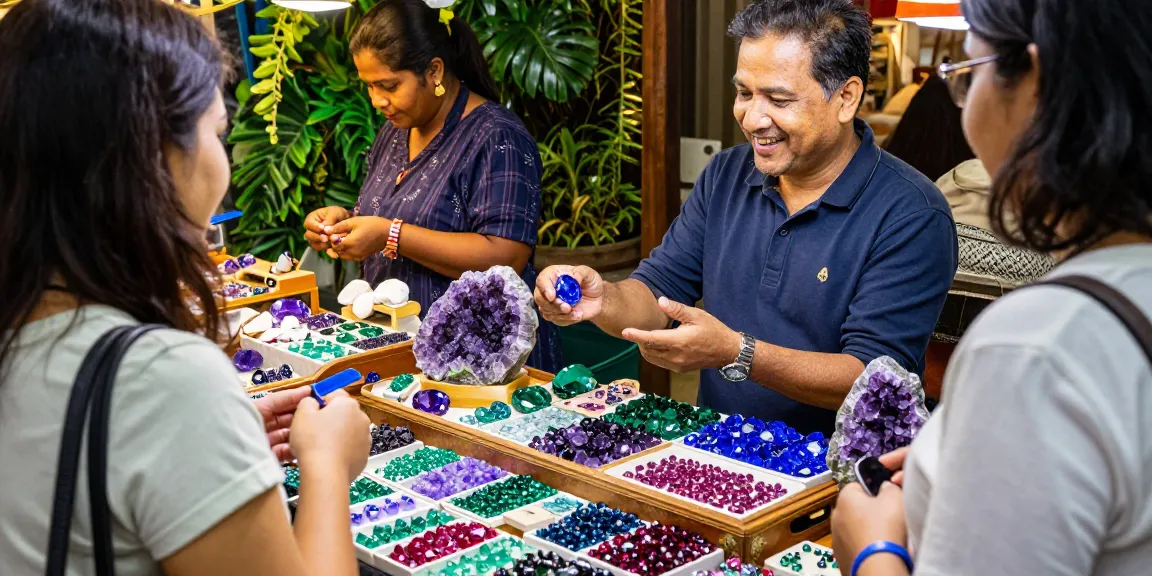 Explore high-quality gemstones like sapphires at https://www.mygemspot.com in a vibrant market setting with friendly merchants.