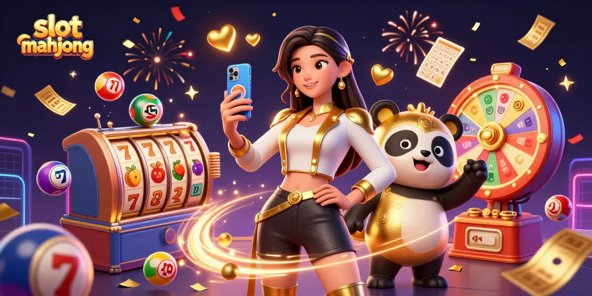 Engage with slot mahjong excitement featuring an elegant Asian woman in a fusion outfit with a lucky panda mascot.