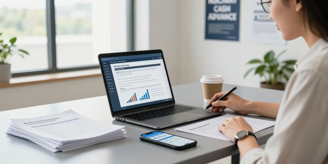 Apply for merchant cash advance in a professional workspace with financial documents and motivational atmosphere.