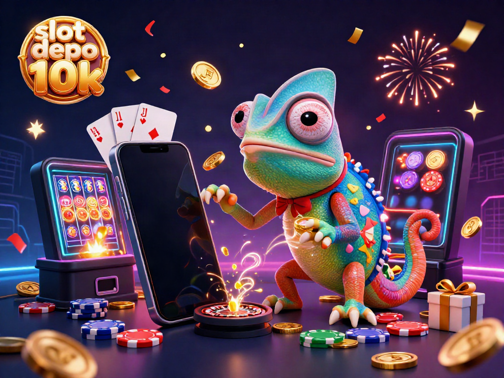 Permainan slot depo 10k menampilkan chameleon pemilik kasino yang mengawasi meja roulette.