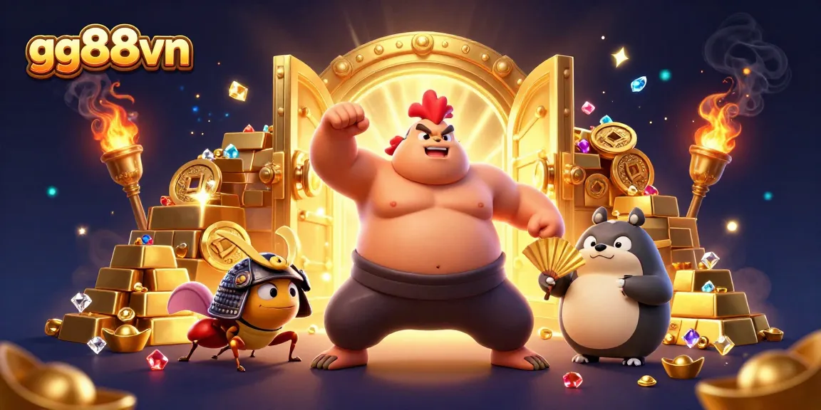 Witness high-stakes action at gg88vn as a colossal sumo wrestler encounters a fierce cricket, surrounded by treasure.