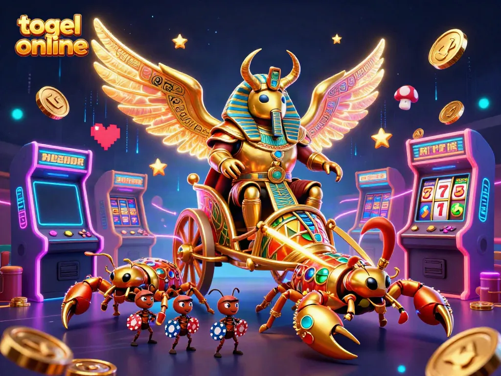 Experience togel online vibrantly illustrated with a colossal beetle and dynamic casino elements in a thrilling scene.