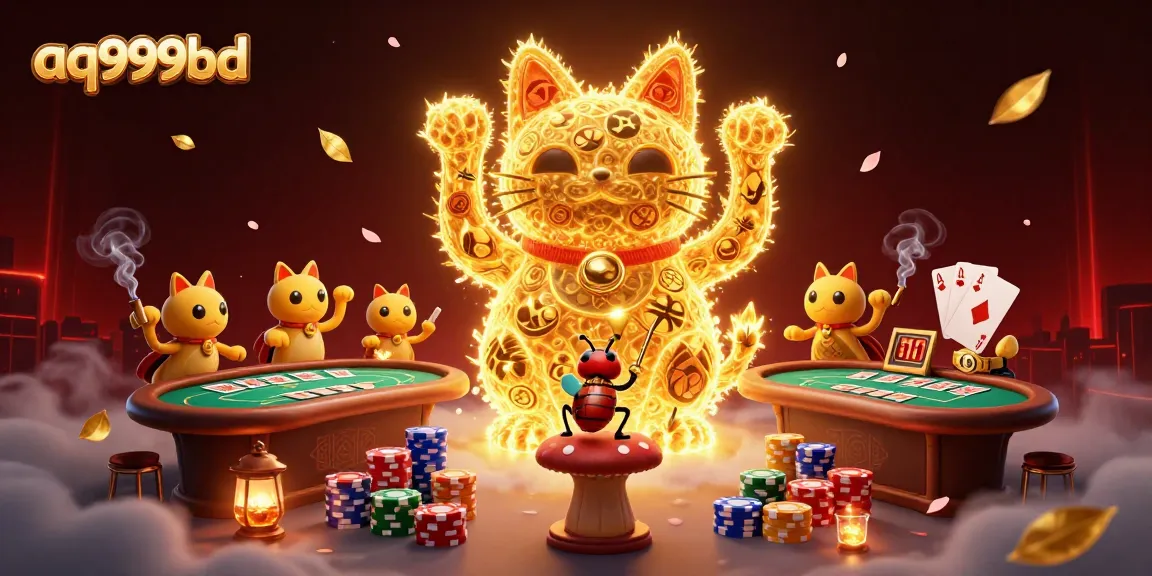Experience the dynamic world of aq999bd with engaging golden fireflies forming a lucky cat amid exciting casino elements.