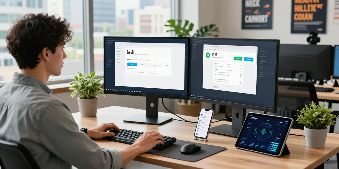 快连 app interface displayed on dual monitors in a modern tech workspace with a developer, inspiring productivity.