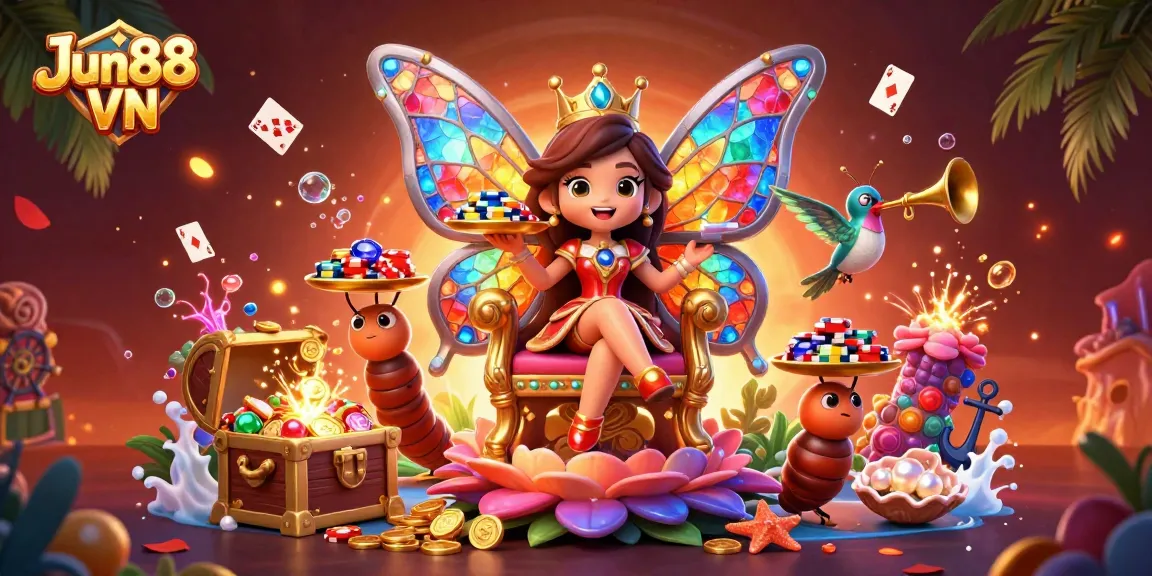 Win big with Jun88 VN in this vibrant casino-themed digital illustration showcasing animated characters and engaging game elements.