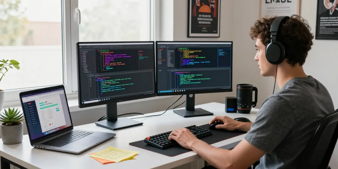 Innovative software developer coding on dual monitors in a tech workspace, exploring kecak4d applications.