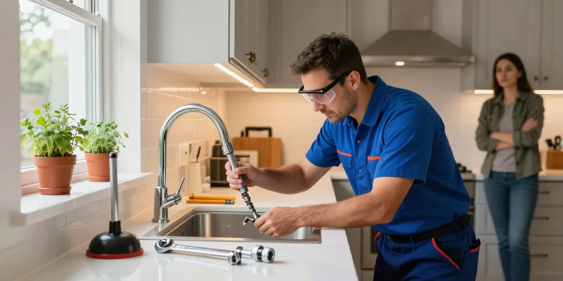 Reliable plumbing services Northampton showcased in a professional plumber fixing a leaky kitchen sink with tools and natural light.