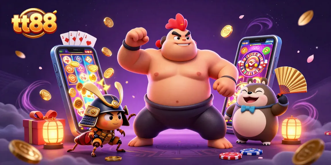 Experience the excitement of tt88 with our vibrant 3D casino illustration showcasing diverse game elements and characters.