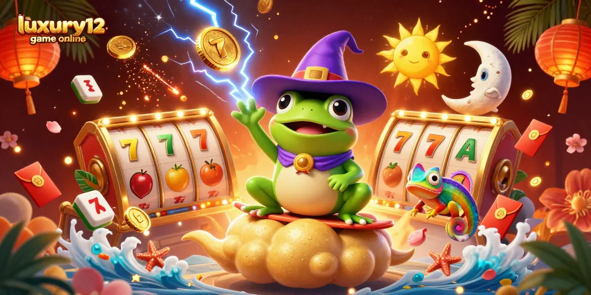 Experience the excitement of luxury12 game online with a vibrant 3D illustration of a wizard frog and chameleon celebrating wins.