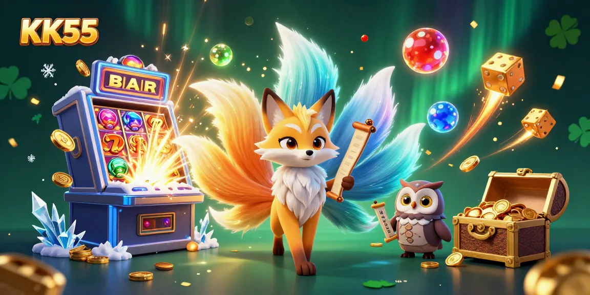 Play exciting games at KK55, featuring a glowing nine-tailed fox, slot machine, and colorful game elements.