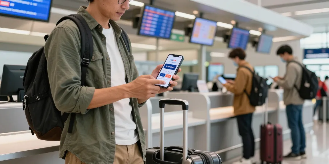 Examen de Coupons eSIM sur smartphone dans un aéroport moderne.