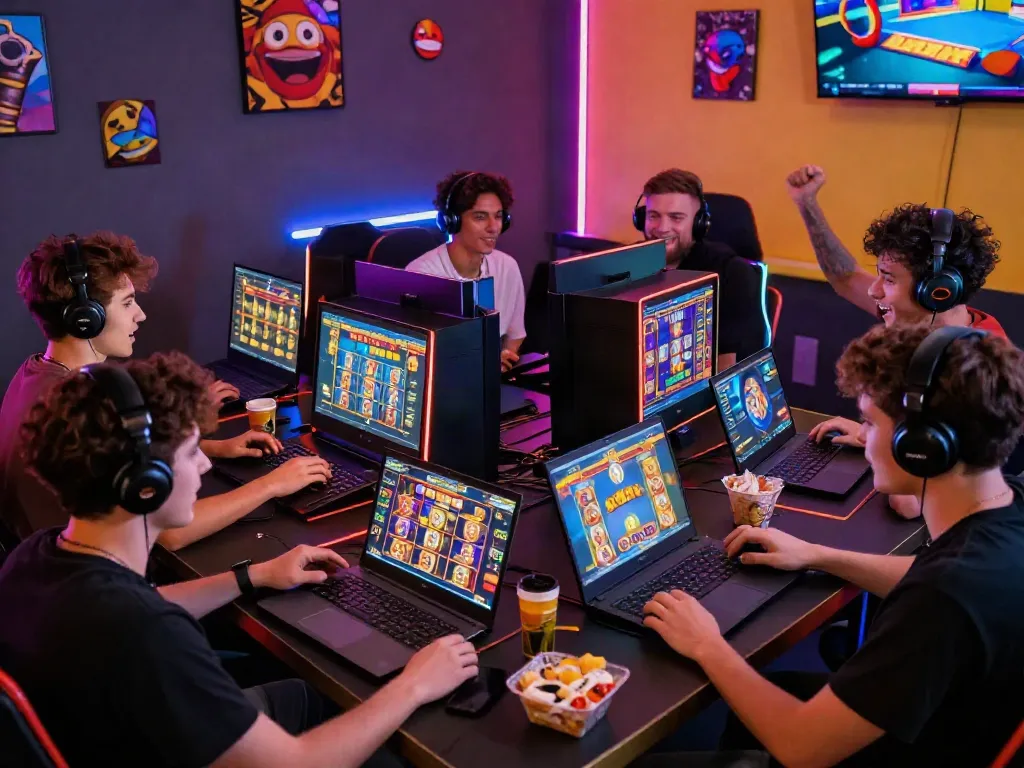 Engaged players celebrating victories while exploring slot maxwin opportunities in vibrant online gaming setup.