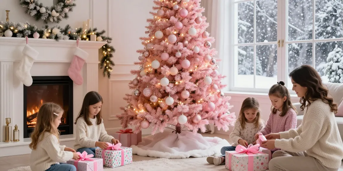 Festive scene featuring a pink xmas tree decorated with pastel ornaments in a cozy living room.