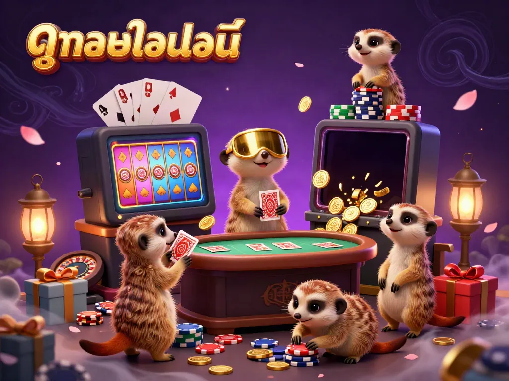 Engage with ดูบอลออนไลน์ through an exciting 3D casino operation illustrated with meerkats, showcasing vibrant gaming elements.