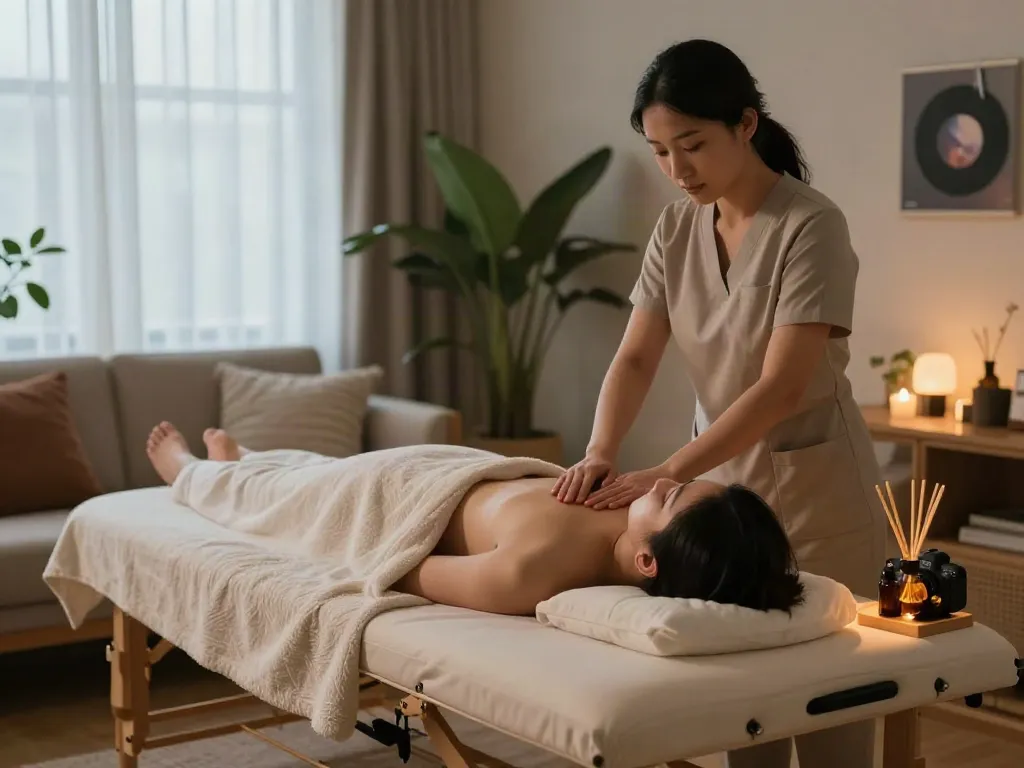 Relaxing home massage scene showcasing 수원출장안마 with a skilled therapist preparing for a soothing experience.