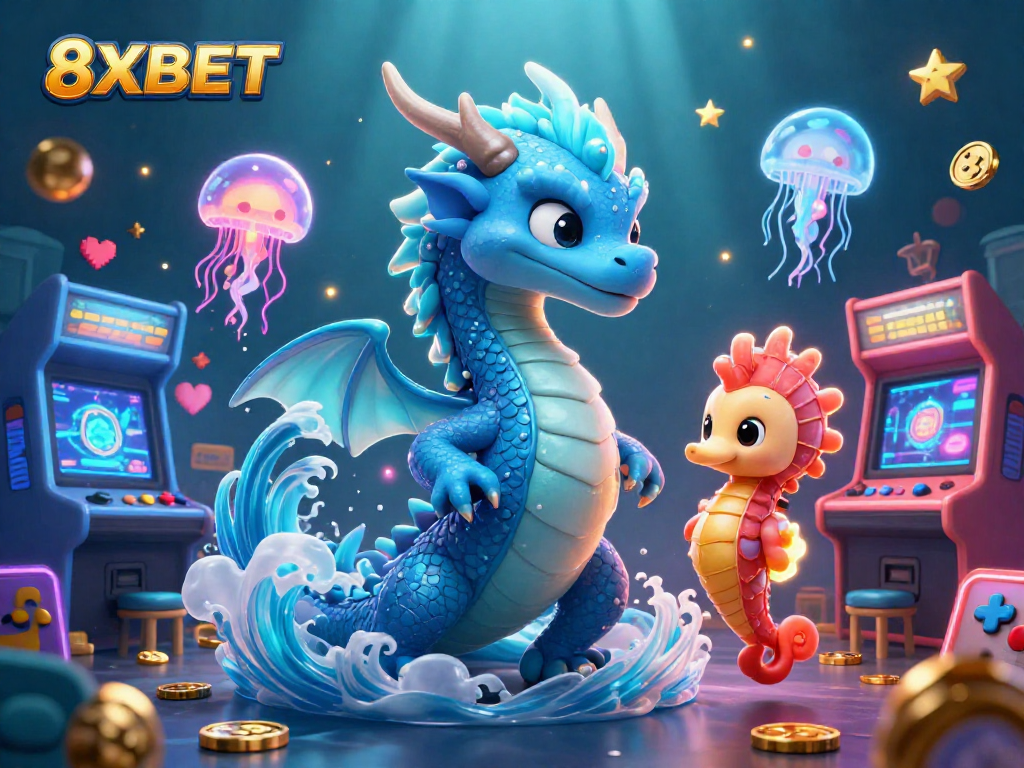Play thrilling games at 8XBET with vibrant characters and dynamic arcade elements in a captivating underwater scene.