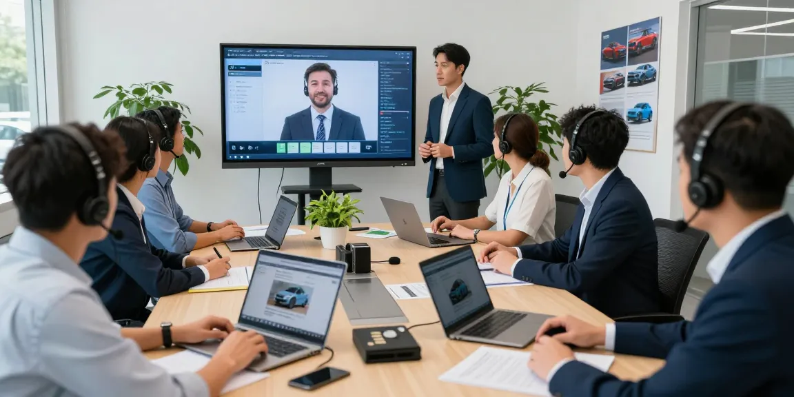 Automotive service training with diverse sales team engaging in AI-powered practice sessions, improving customer interactions.