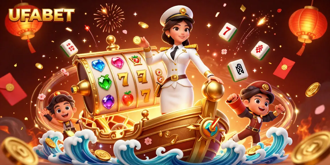 UFABET enhances betting excitement with a vibrant 3D casino scene filled with slot machines and lucky symbols.
