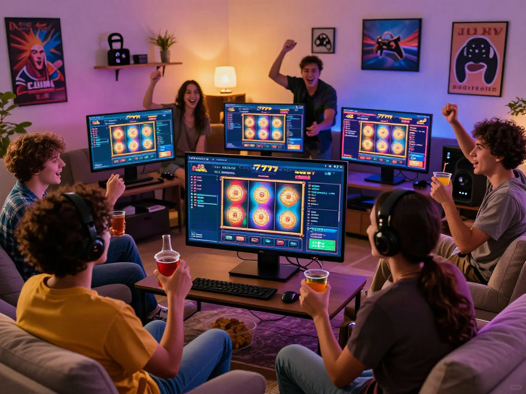 Grup teman bermain slot777 online dengan semangat tinggi di ruang tamu yang nyaman.