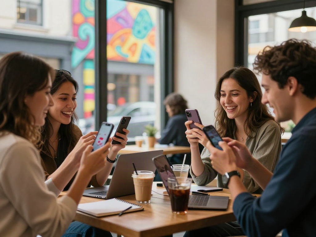 Group testing attractiveness in a café setting while discussing beauty standards.