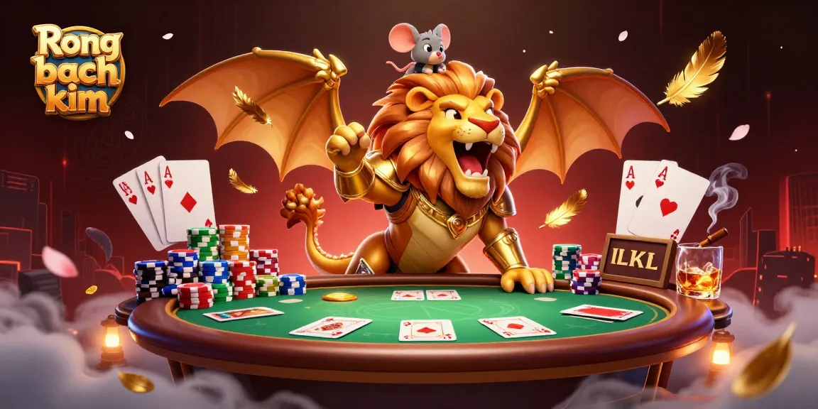 Engage with Rong bach kim's dynamic poker scene featuring a roaring chimera and vibrant casino elements.