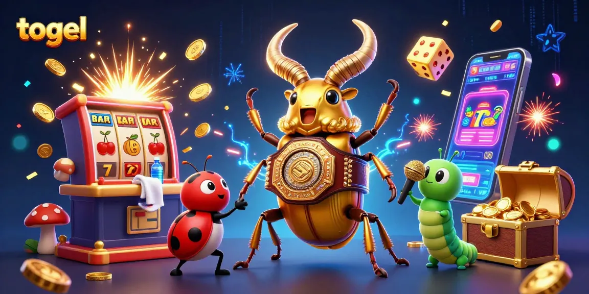 Engage with togel excitement as a golden stag beetle battles on stage with vibrant casino elements.