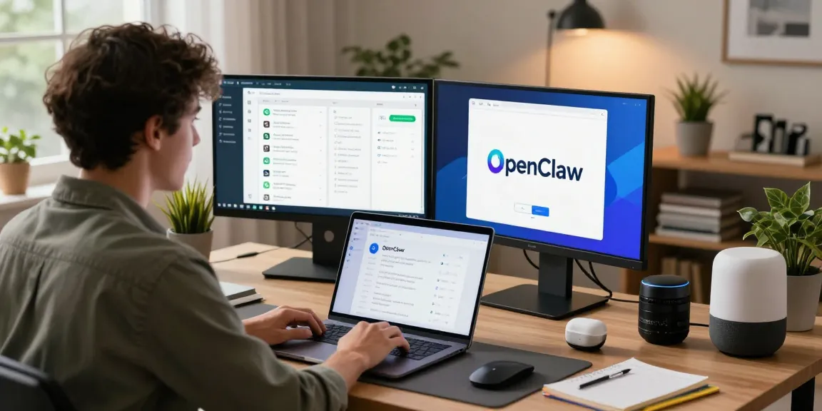 OpenClaw personal AI assistant setup in a modern workspace, user interacting with messaging platforms and automation tools.