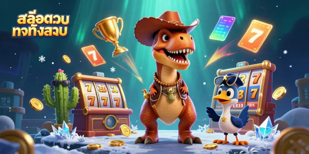 Experience excitement with สล็อตเว็บตรงทั้งหมด in this vibrant 3D casino illustration showcasing a dynamic slot theme.
