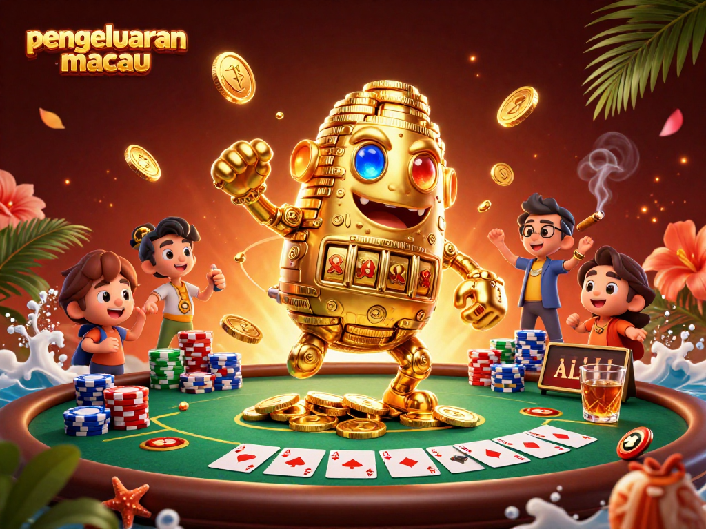 Engage with the latest pengeluaran macau trends through this vibrant 3D casino scene featuring a golden golem.