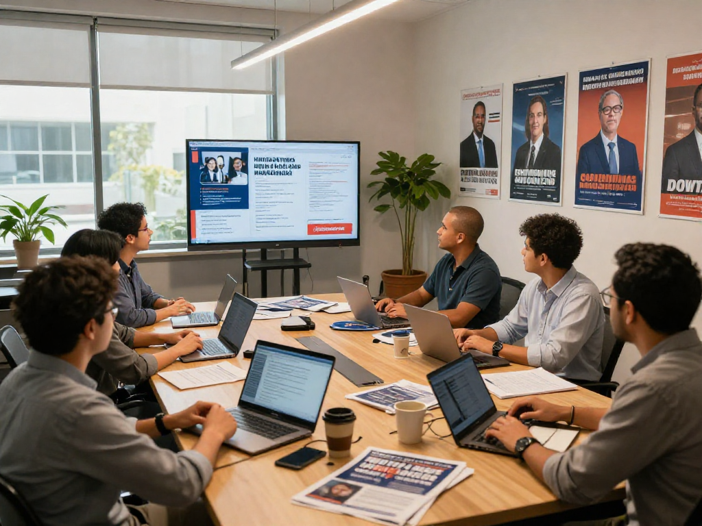Team collaborating on online reputation management for candidates in a modern office.