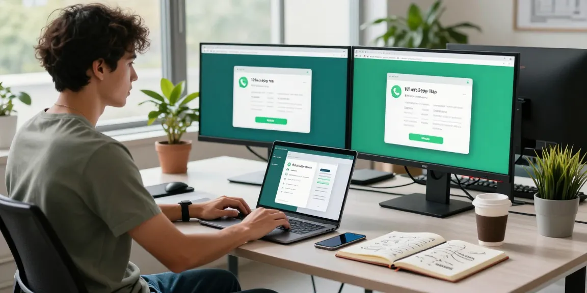 Developer using WhatsApp網頁版 on dual monitors in a bright office.