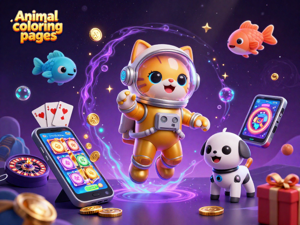 Engage with Animal coloring pages featuring an astronaut cat and robot dog in a colorful casino adventure.
