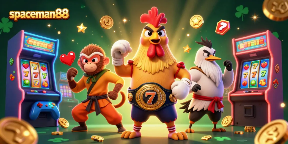 Join the excitement with spaceman88 in this vibrant 3D casino-themed illustration featuring characters and gaming elements.