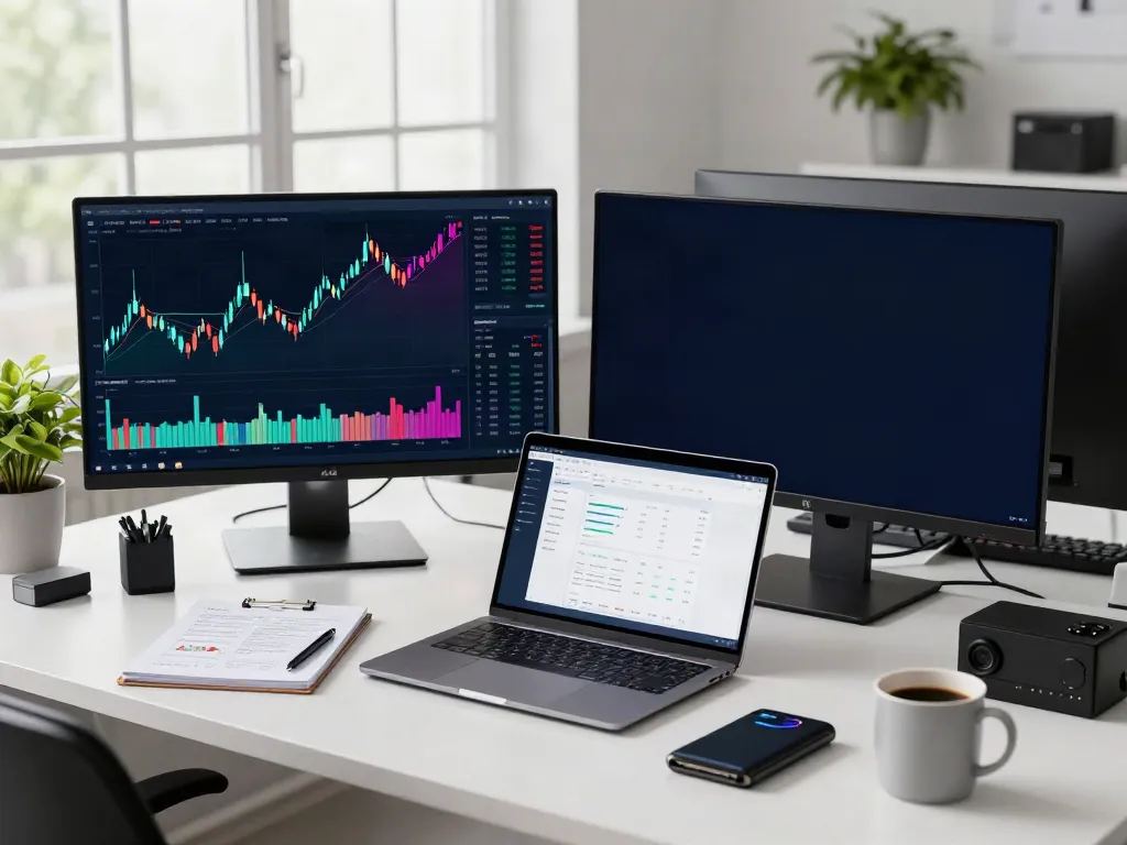 Dynamic trading desk illustrating the stock tick data API in action with cryptocurrency charts and analytics software.