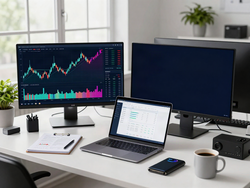 Dynamic trading desk illustrating the stock tick data API in action with cryptocurrency charts and analytics software.