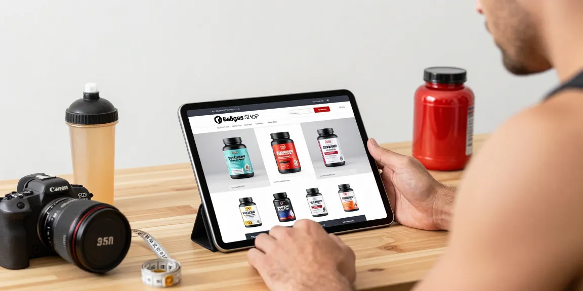 Beligas Shop showcasing high-quality anabolic steroids on a tablet with fitness gear in a bright e-commerce setting.