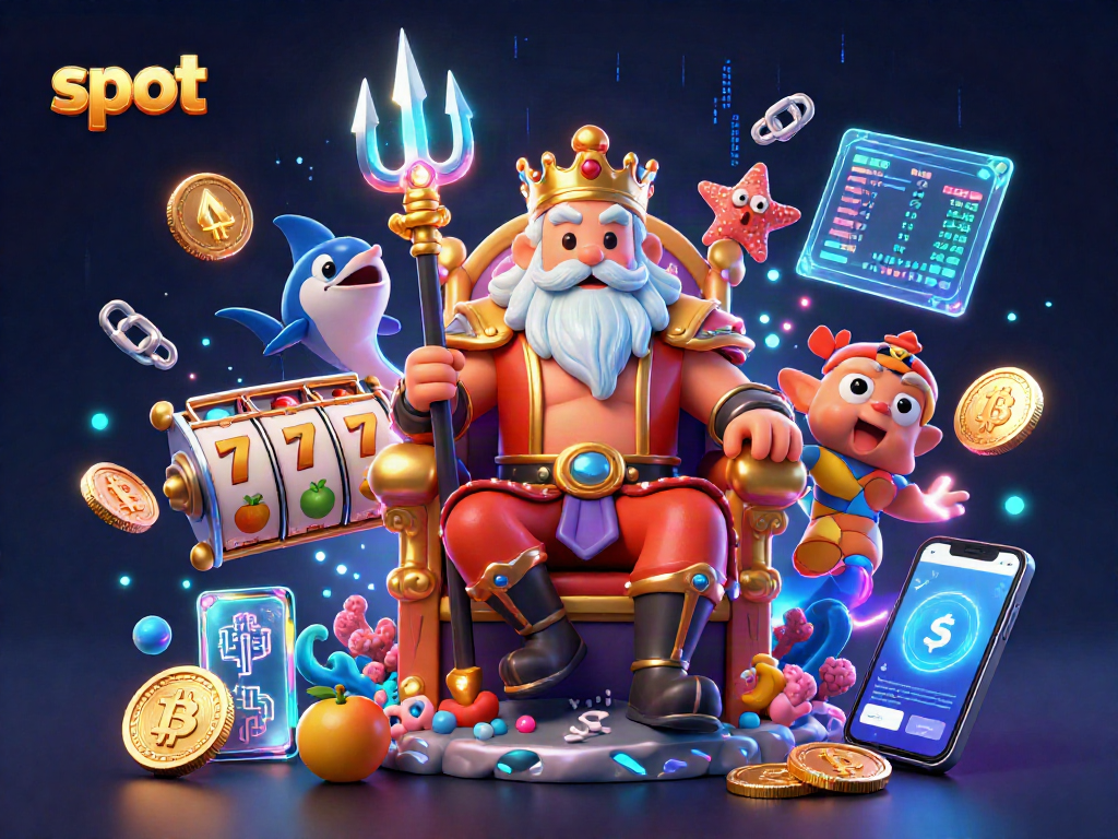 Engage in slot excitement with Neptune and vibrant casino elements in this dynamic 3D scene.