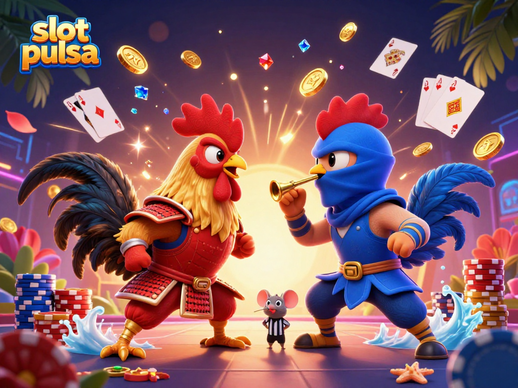 Experience thrilling gameplay with slot pulsa as 3D cartoon roosters battle amid golden coins and vibrant casino elements.