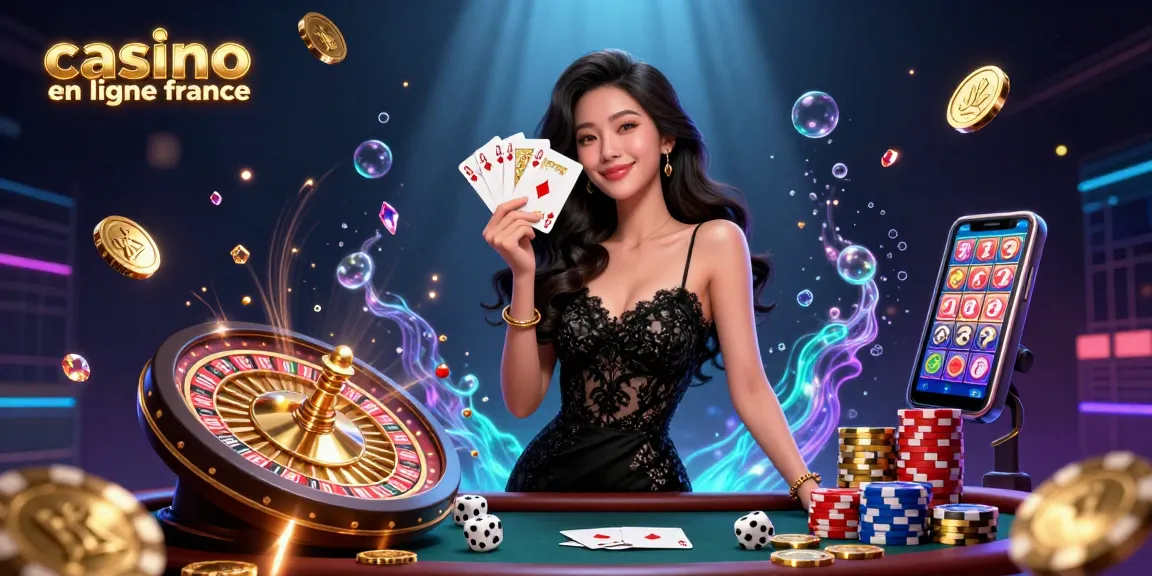 Interagissez avec le casino en ligne France à travers une femme élégante présentant des cartes à jouer à enjeux élevés dans un casino dynamique.