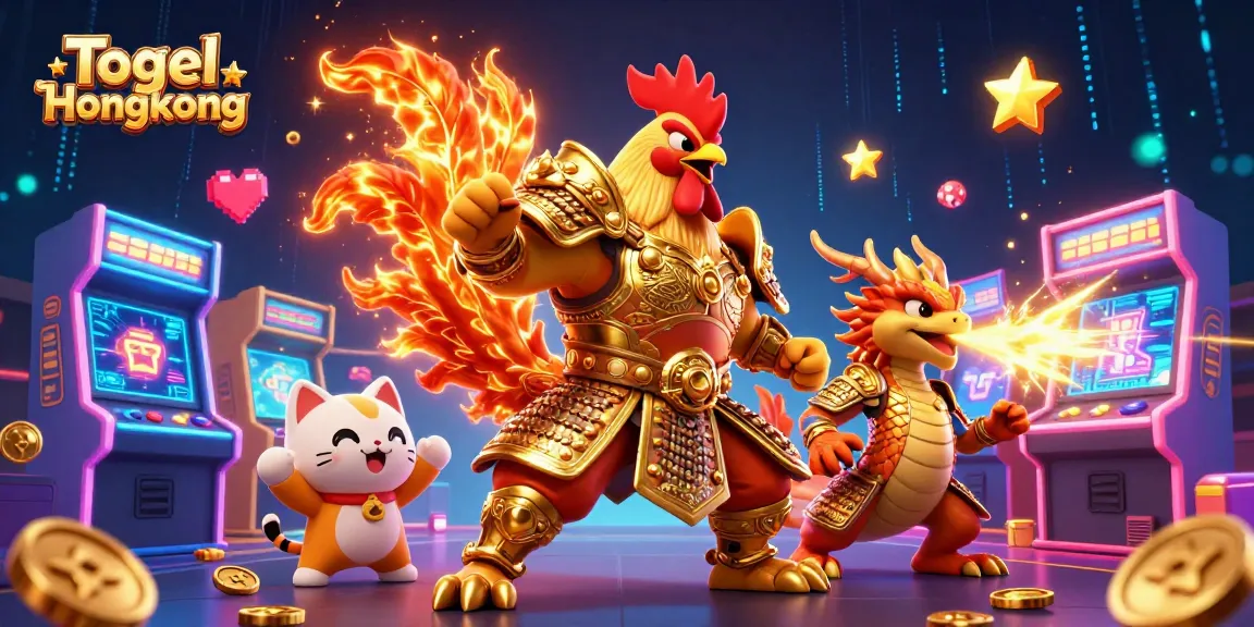 Togel Hongkong thrilling action with a courageous rooster warrior and a fierce dragon hatchling in a colorful casino scene.