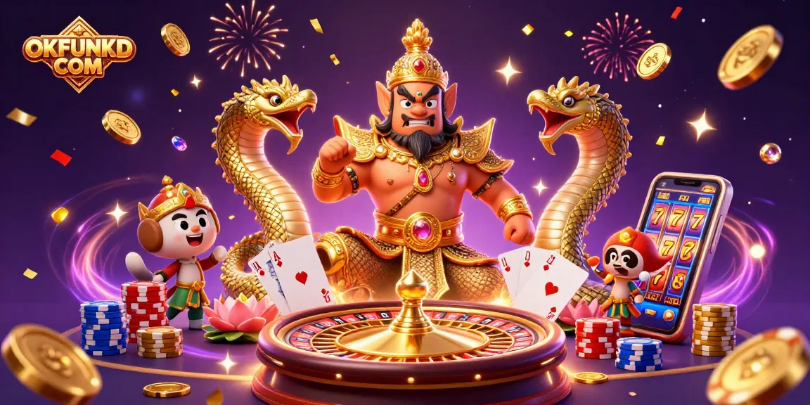 Engage with exciting 3D casino scenes at OKFUNKD COM, featuring golden guardian and vibrant gameplay elements.