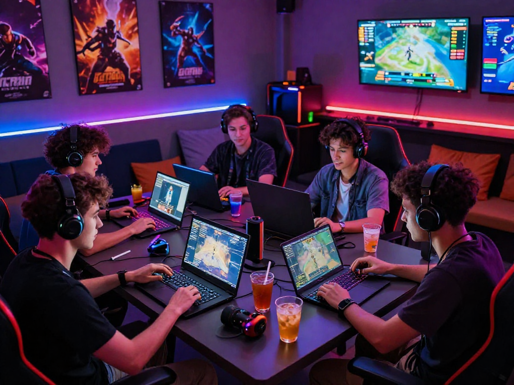 Group playing games together, showcasing raja328 link experience in vibrant gaming lounge.