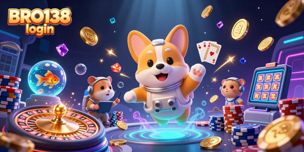 Spin and win at BRO138 login with a dynamic illustration of a corgi astronaut in a space casino.