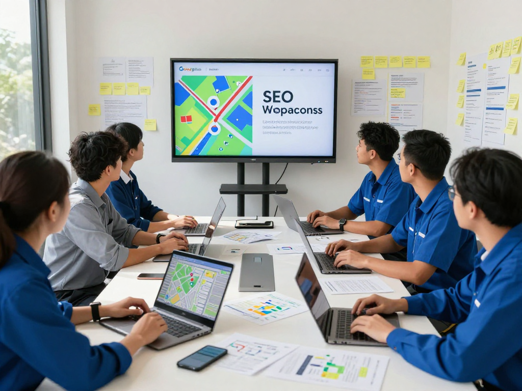 Team discussing Google Maps SEO services for local market dominance in a bright conference room.