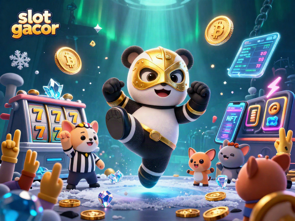 Experience the thrill of slot gacor with this vibrant casino scene featuring adorable characters and crypto elements.