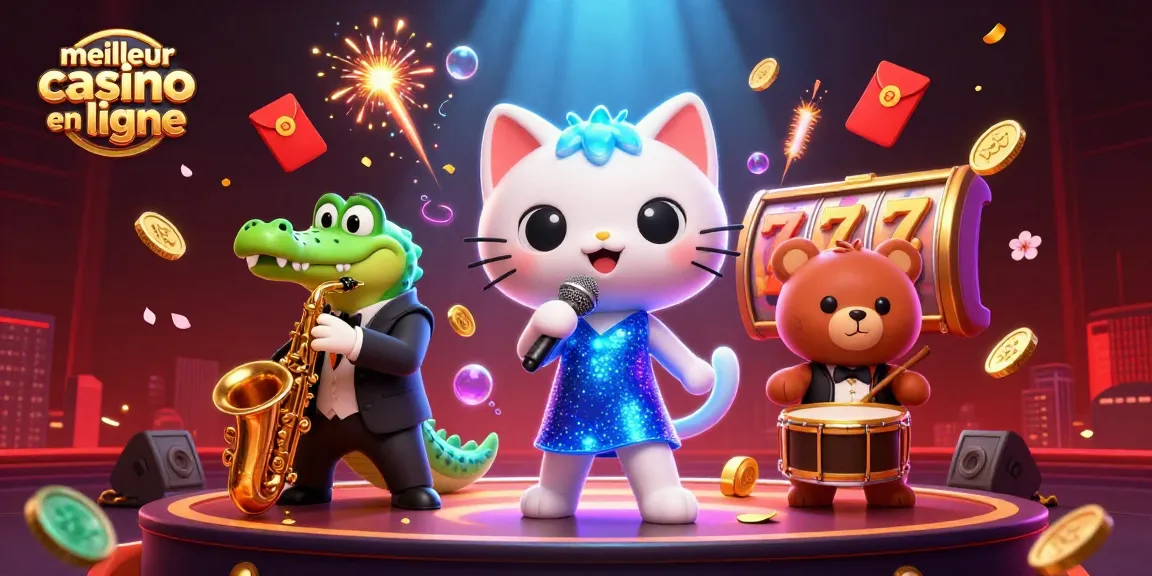 Le meilleur casino en ligne avec des personnages animés jouant à des machines à sous et offrant une ambiance festive.