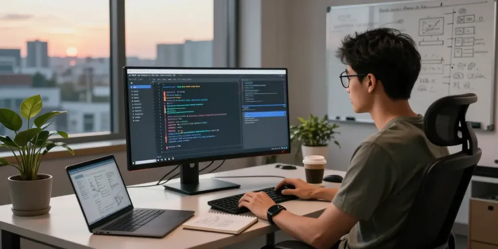 Pengembang bekerja di ruang kerja modern dengan tampilan Server PG dan catatan proyek.